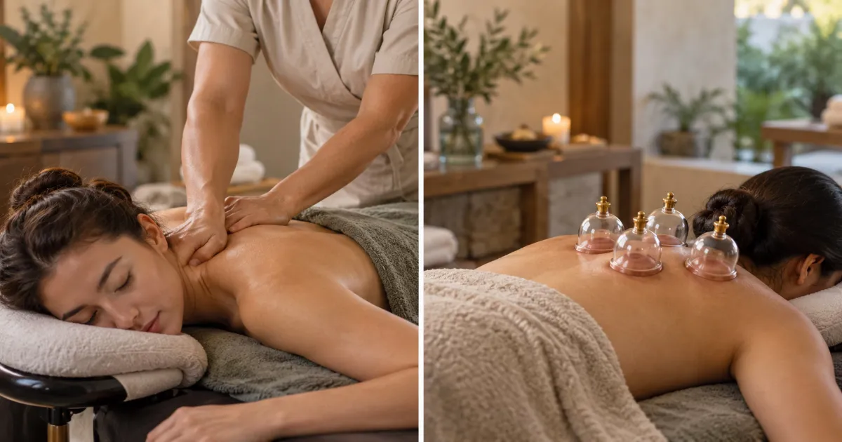 Comparison of cupping vs deep tissue massage showing suction cups and manual pressure techniques applied to a client's back