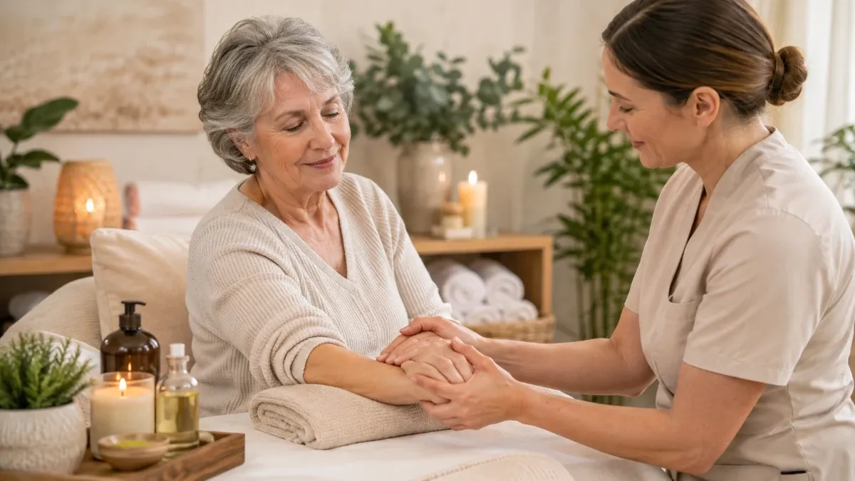Gentle massage therapy session helping an elderly person with arthritis pain relief in a calming spa setting