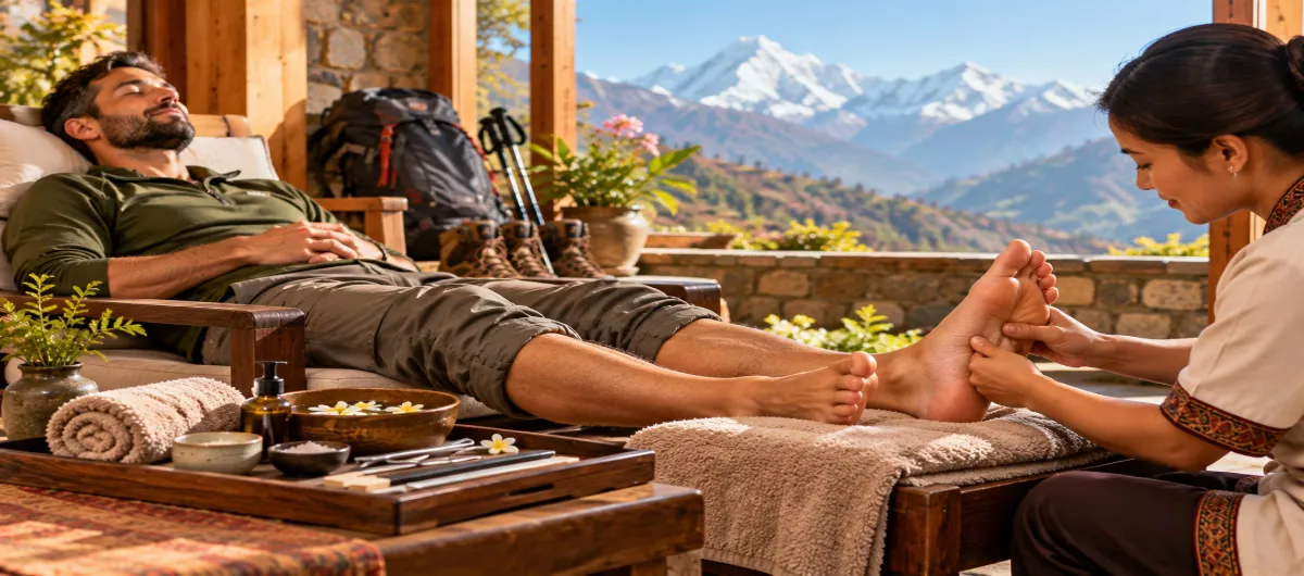 Therapist performing post-trek foot reflexology as part of foot care after trekking treatments in a Kathmandu spa
