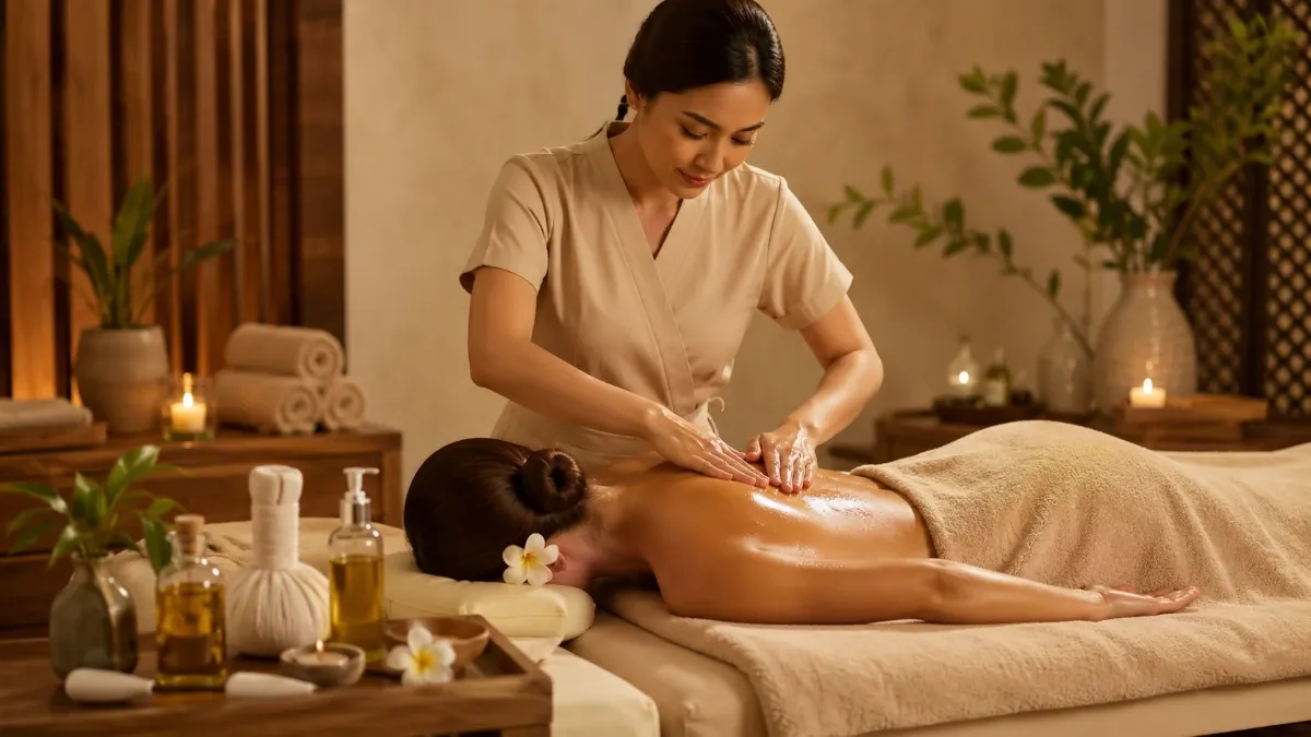 Full body oil massage therapy with a therapist providing a relaxing spa treatment in a peaceful wellness setting