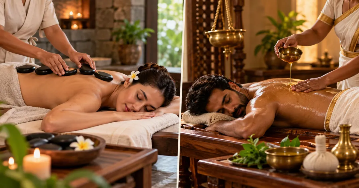 Comparison of hot stone vs Ayurvedic massage treatments showing heated basalt stones and warm herbal oil massage techniques