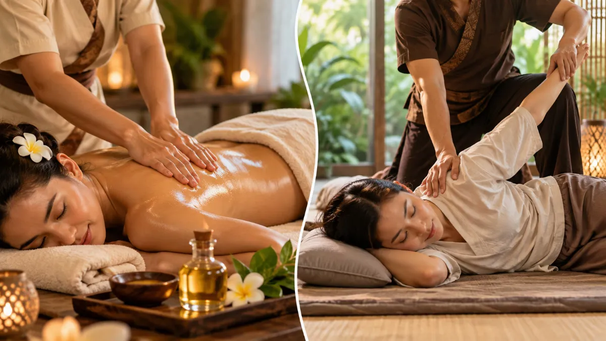 Oil massage vs dry massage showing oil-based back massage and clothed Thai-style assisted stretching