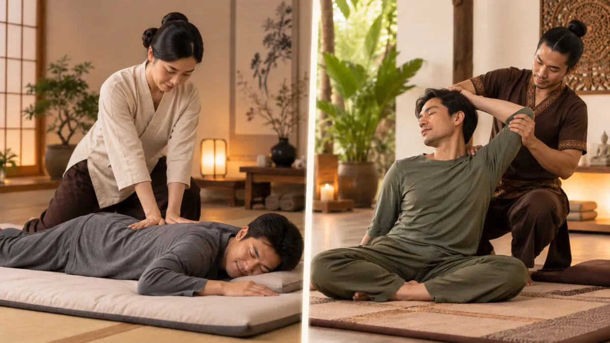 Visual comparison of shiatsu vs thai massage: acupressure point work versus assisted stretching techniques shown side by side.