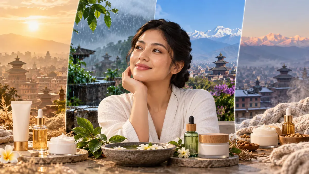 Skincare routine adapted to Kathmandu's four seasons: spring UV spikes, monsoon humidity, autumn clarity, and winter smoke