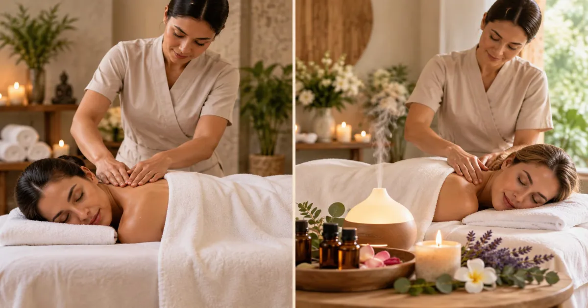 Swedish massage therapist using hand technique next to aromatherapy massage with essential oils