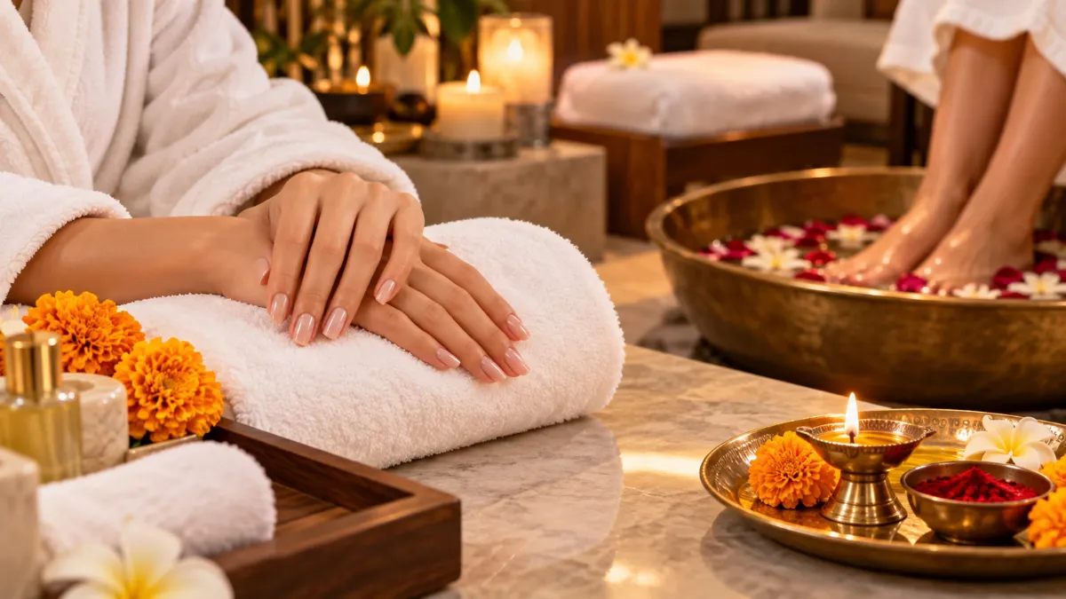 Freshly manicured hands and pedicure foot soak at a luxury spa decorated with marigolds and diyas for Tihar.