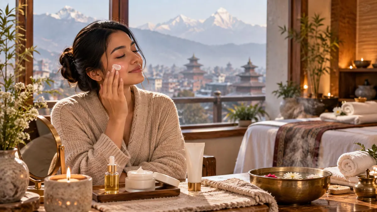 Woman applying barrier cream as part of winter skincare Nepal routine during dry season in Kathmandu